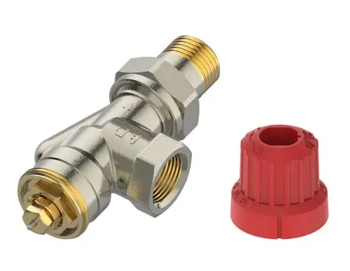 Danfoss Ventilgehäuse in metallischer Ausführung, mit Anschlussgelenk und einem roten Deckel, abgebildet auf einem neutralen Hintergrund.